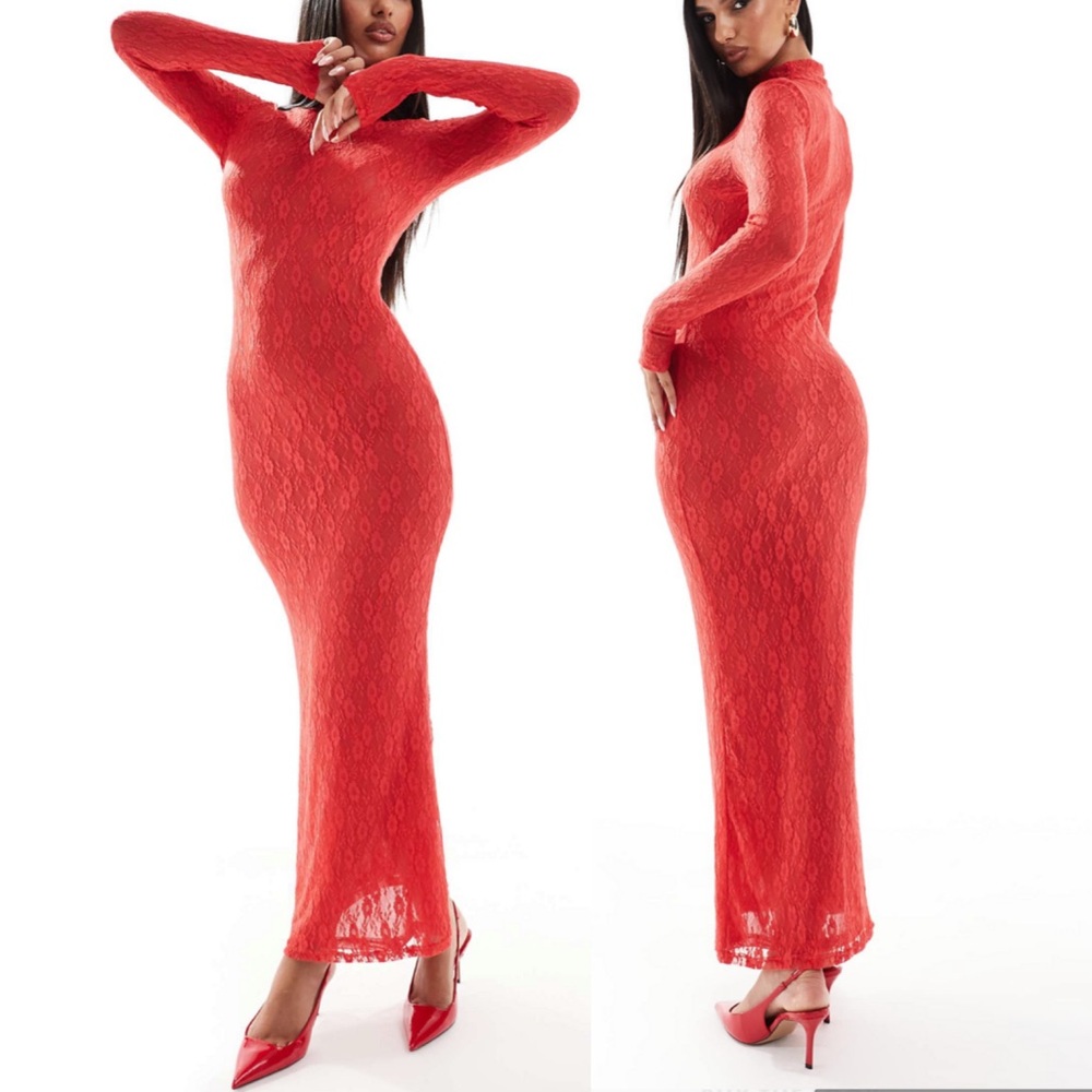 Aria Cove lace high neck long sleeve maxi red dress - 2